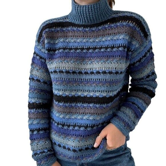 Hand Knit Crochet Blue 100% Llama Hand Made Mock Neck Hippie Sweater Sz M - Picture 5 of 8